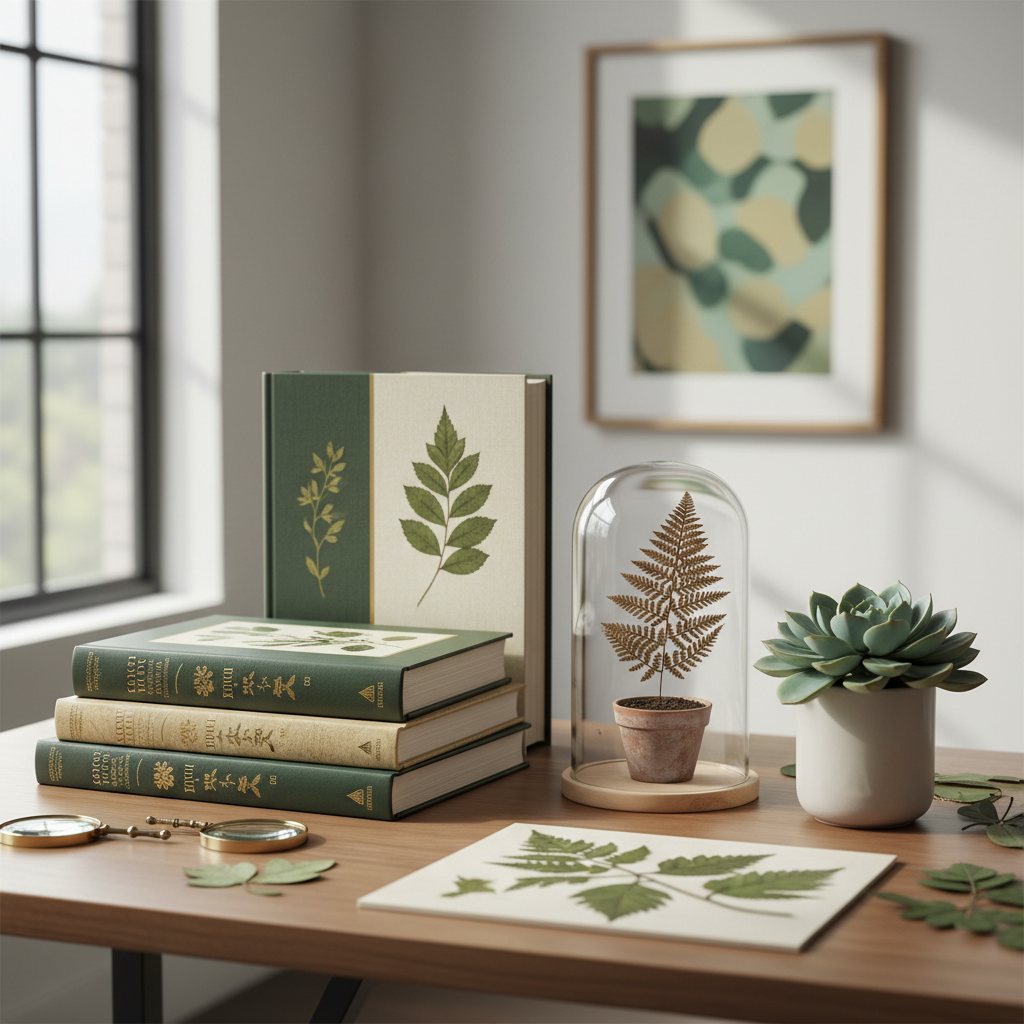 Libros de botánica y plantas naturales en un escritorio