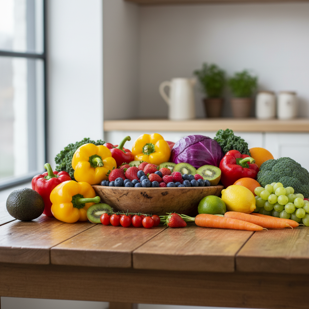 Frutas y vegetales coloridos sobre una mesa de madera
