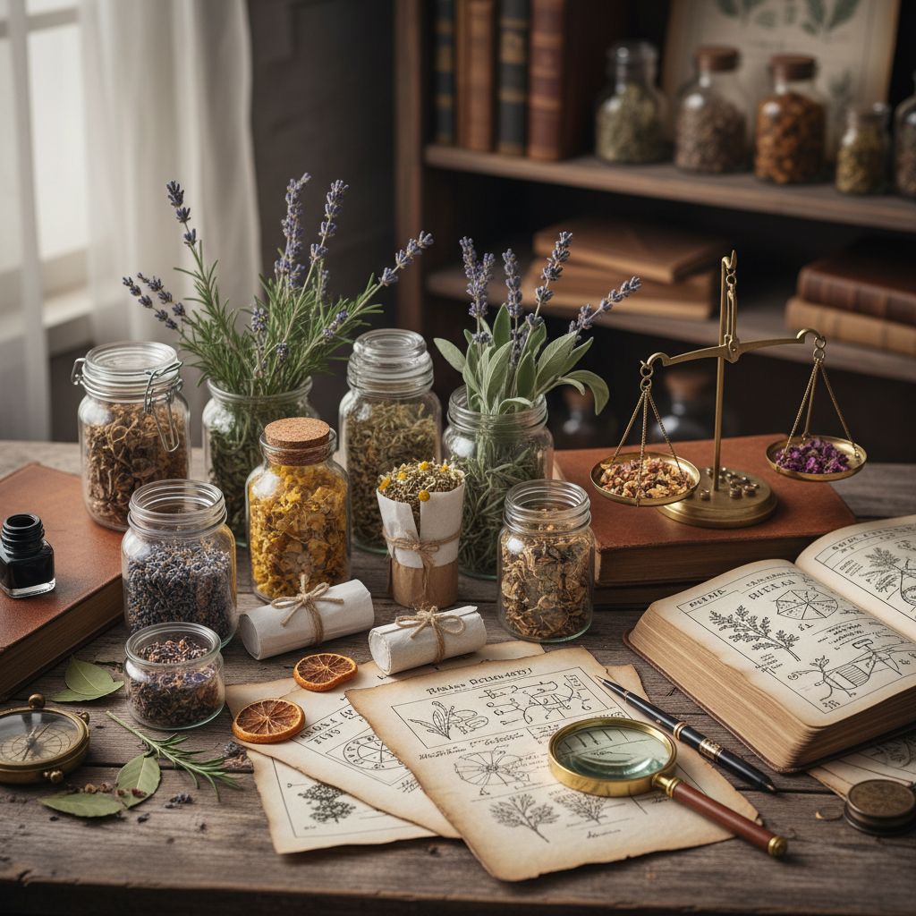 Colección de hierbas secas y notas de investigación