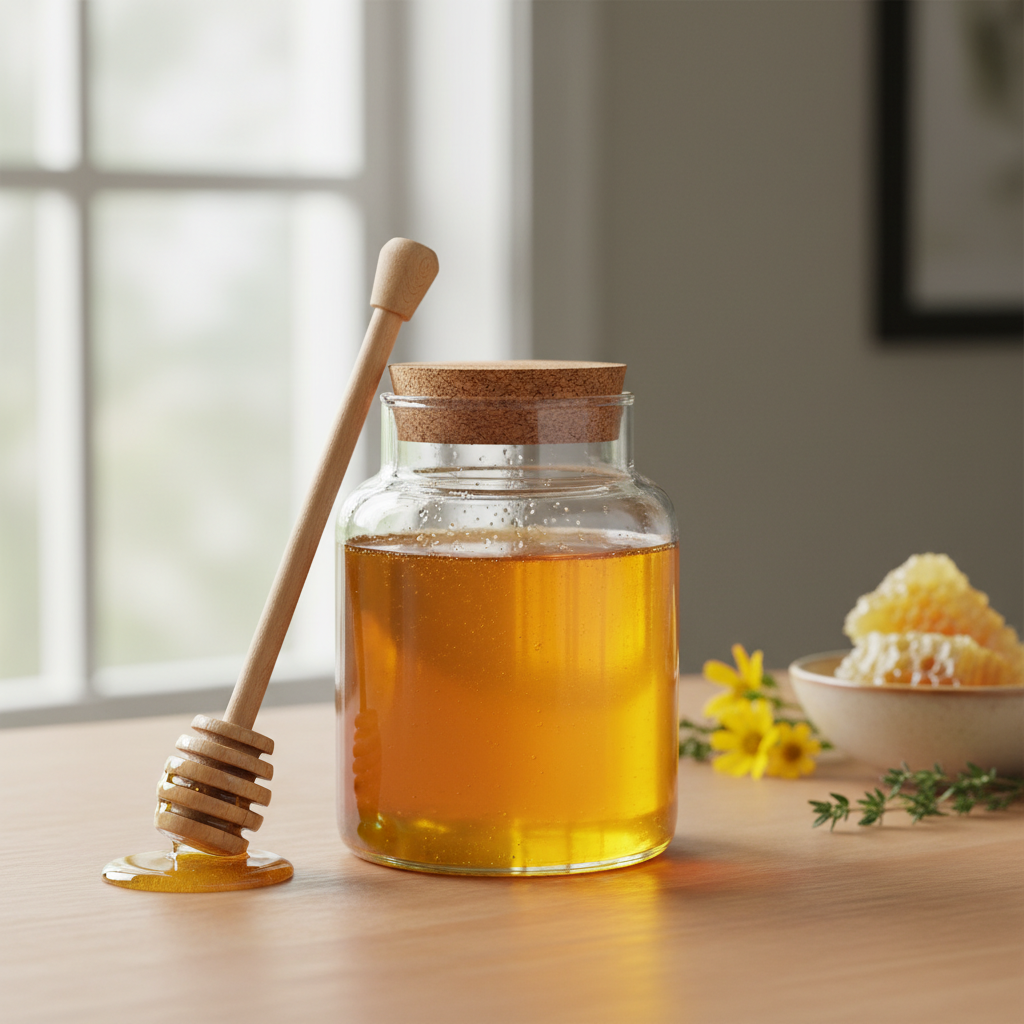 Miel orgánica en un frasco de vidrio